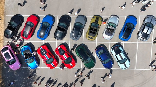 Aerial view of a classic Mustang lineup